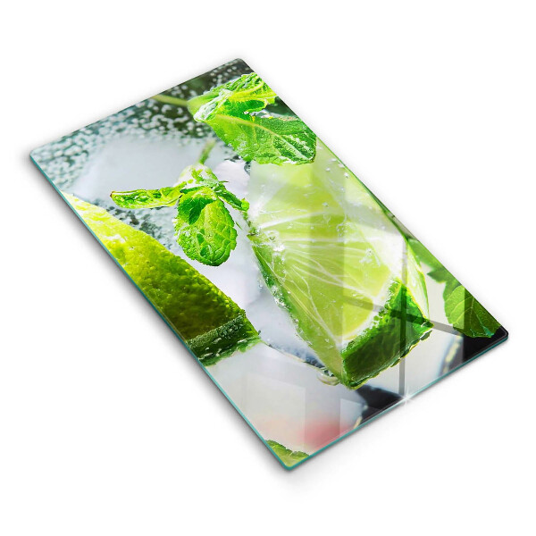 Üveg vágódeszka fényképpel Víz lime-mal és jéggel