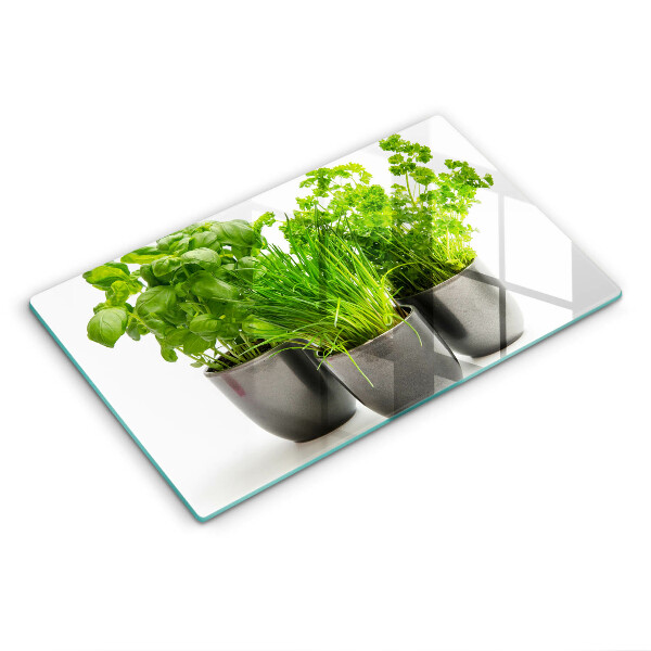 Üveg vágódeszka Fűszernövényekkel teli edények