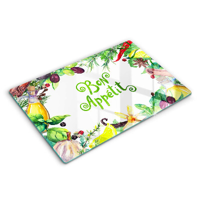 Üveg vágódeszka fényképpel 80x52 cm Bon Appetit felirat