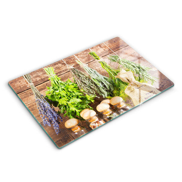 Üveg vágódeszka fényképpel 80x52 cm Gyógynövények fűszerek és fa
