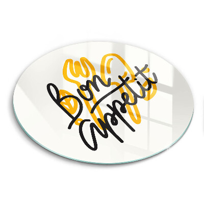 Üveg vágódeszka fényképpel kerek Bon Appetit felirat