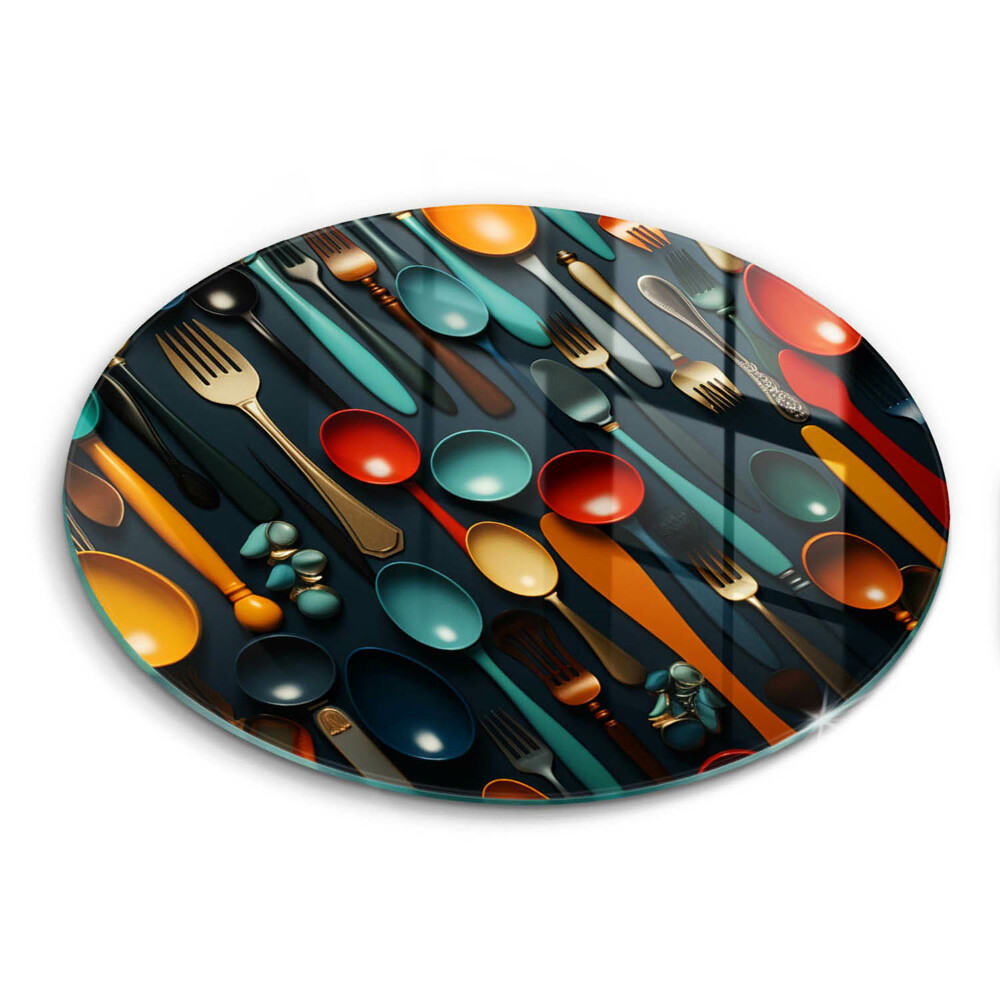 Edzett üveg vágódeszka kerek Színes kanalak és villák