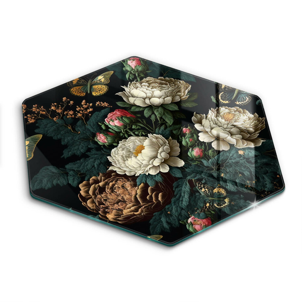 Üveg vágódeszka fényképpel hatszögletű Szüreti pünkösdi virágok