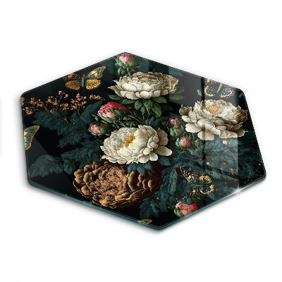 Üveg vágódeszka fényképpel hatszögletű Szüreti pünkösdi virágok