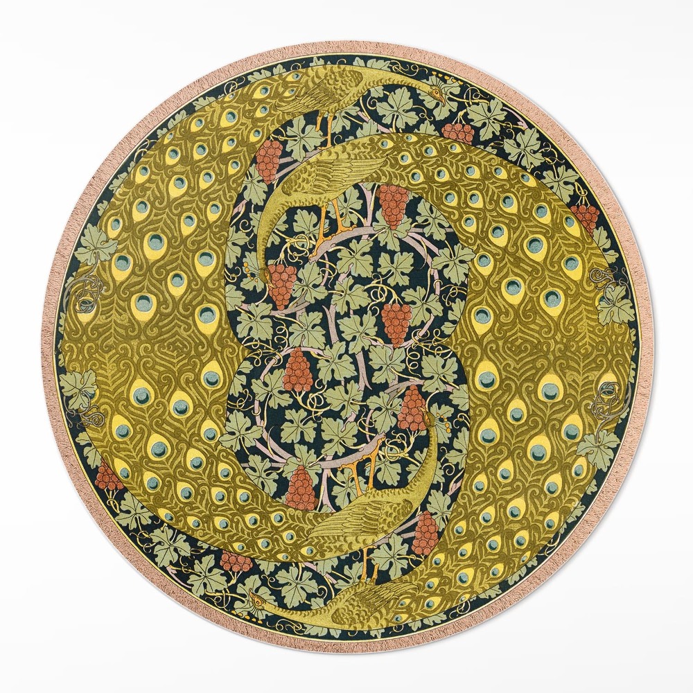 Kerek vinil szőnyeg Sárga pávák szőlőben