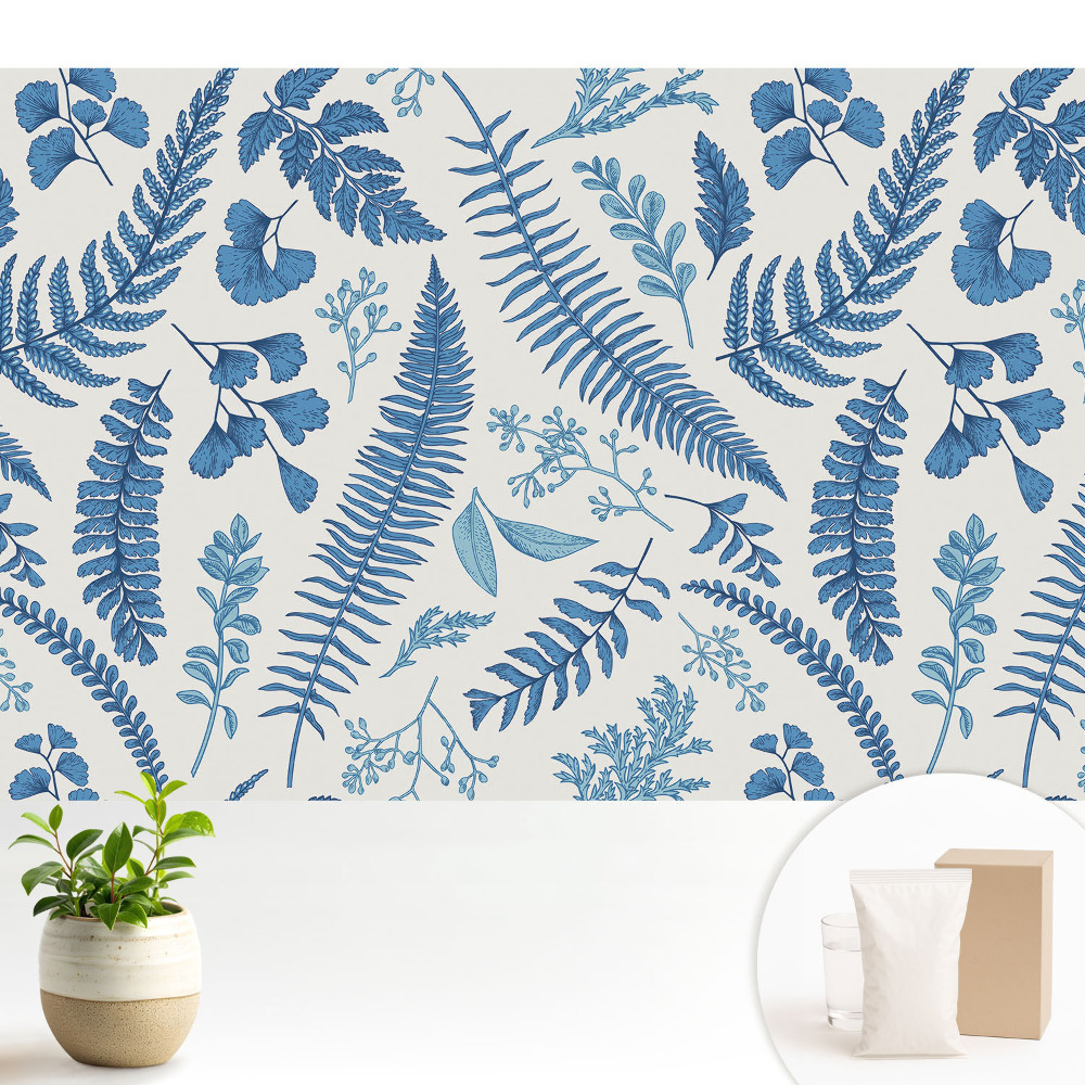 Dekor tapéta Kék levelek fehér alapon