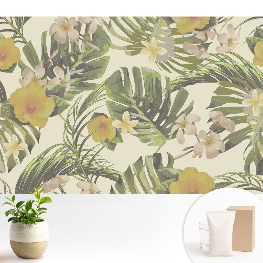 Modern tapéta Trópusi levelek, egzotikus virágok