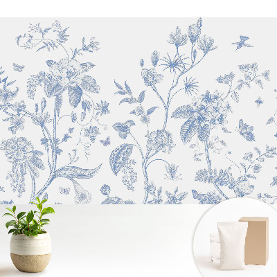 Tapéta Finom kék virágok és madarak