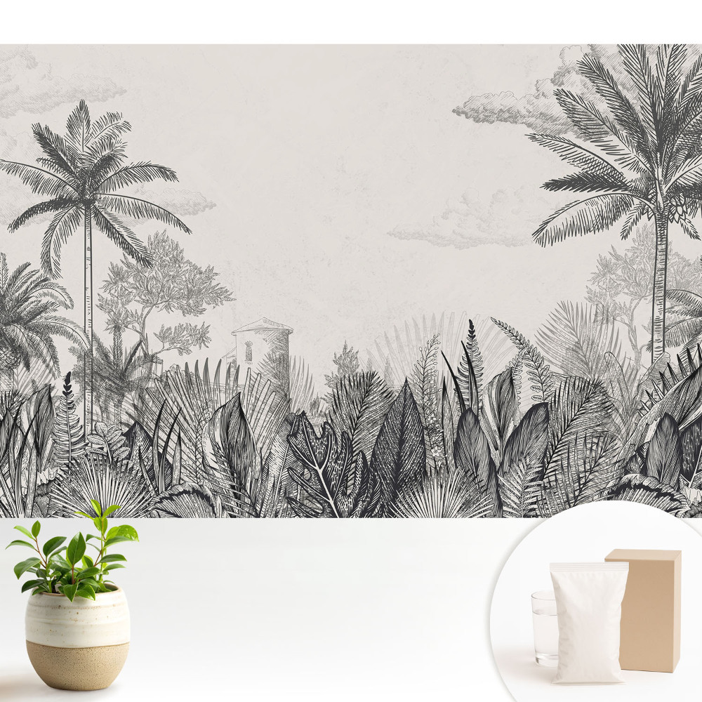 Modern tapéta Egzotikus pálmafák és egy titokzatos épület