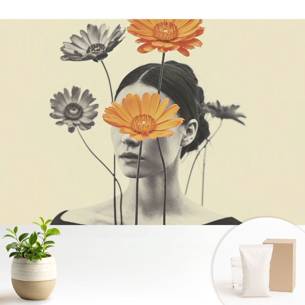 Dekor tapéta Virágok és egy arc szürreális stílusban