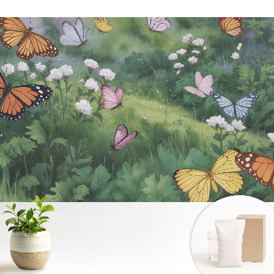 Dekor tapéta Színes pillangók egy virágokkal teli réten