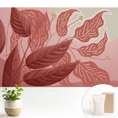 Modern tapéta Piros levelek rózsaszín alapon