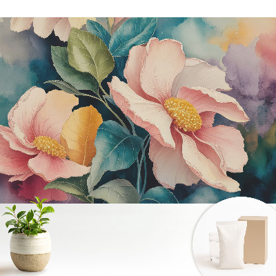 Tapéta Pasztell virágok levelekkel akvarell stílusban