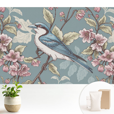 Modern tapéta Egy madár és virágzó cseresznyeágak