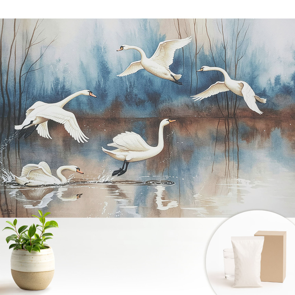 Dekor tapéta Hattyúk egy tavon egy ködös erdőben