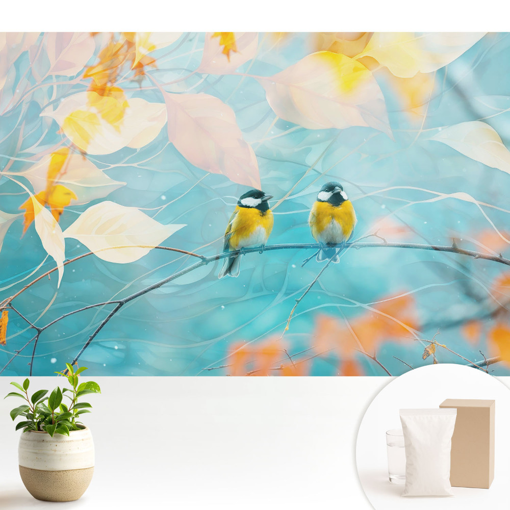 Modern tapéta Madarak egy leveles díszítésű ágon.