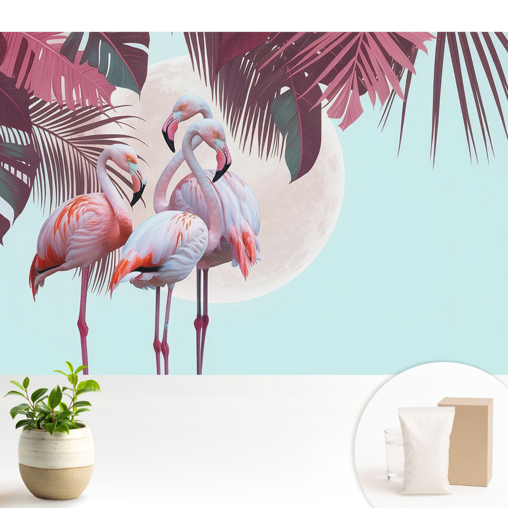 Dekor tapéta Színes flamingók trópusi környezetben