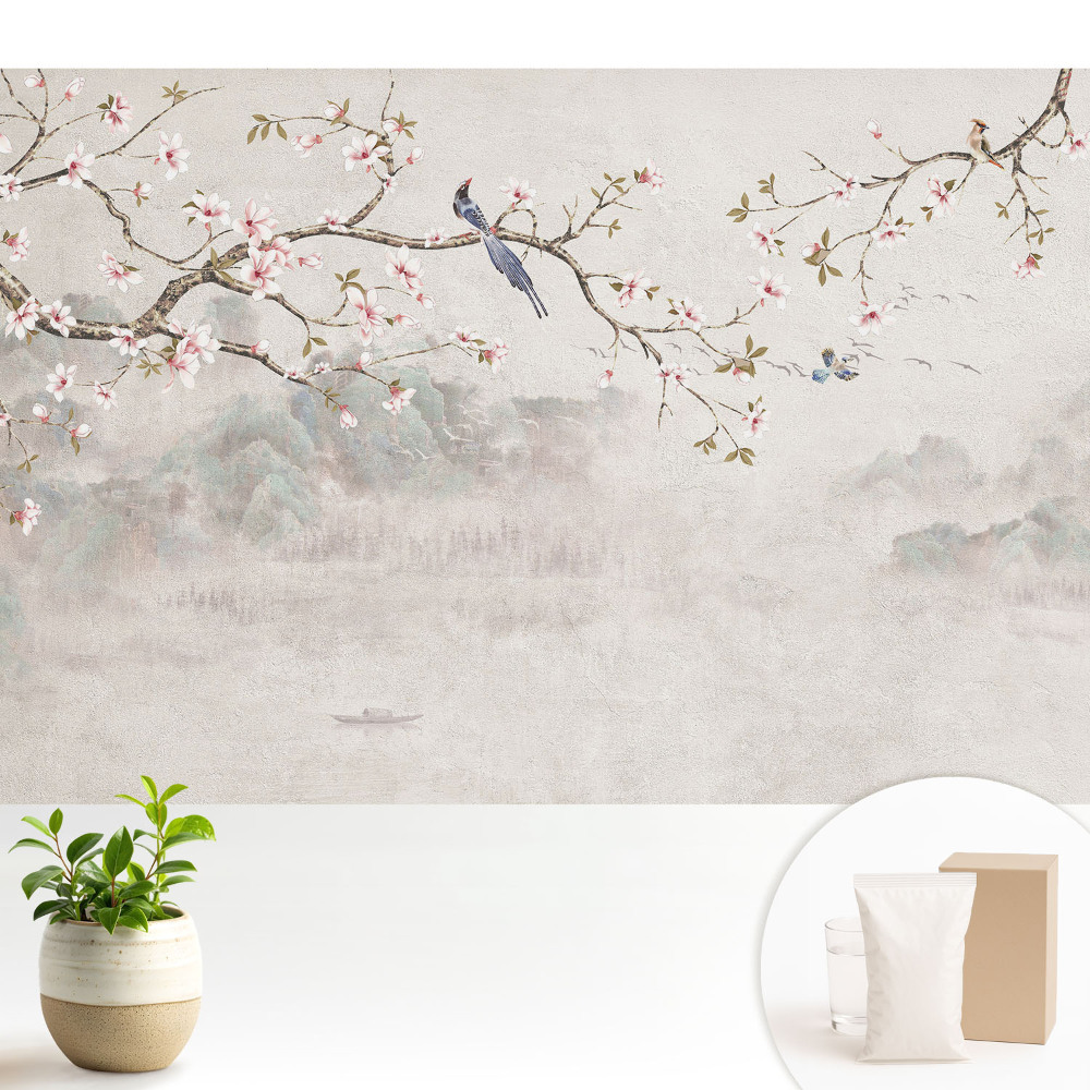 Dekor tapéta Finom virágok és madarak a hegyek hátterében