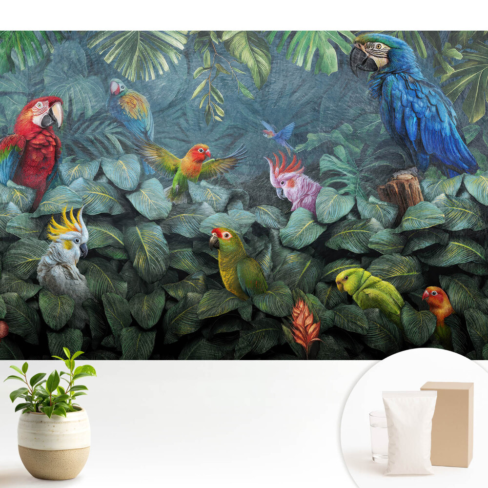 Modern tapéta Trópusi papagájok és levelek