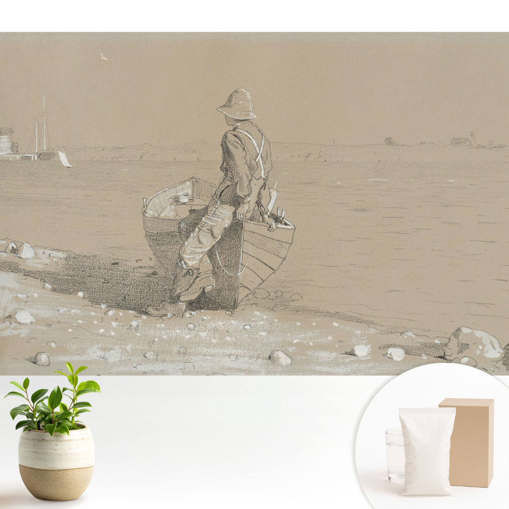 Modern tapéta Férfi csónakkal a tengerparton