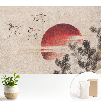 Dekor tapéta Három madár és a nap a tűlevelű fák hátterében