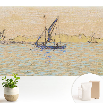 Modern tapéta Pasztell tájképű szélmalom csónak