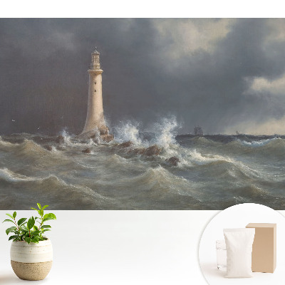 Tapéta Viharos tenger, világítótorony, hajó a távolban