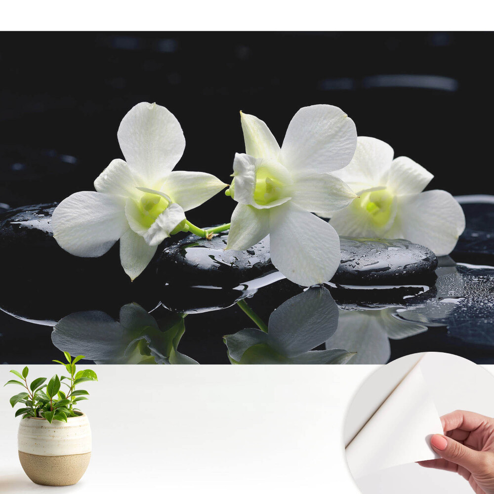 Öntapadós tapéta fehér orchideákkal köveken