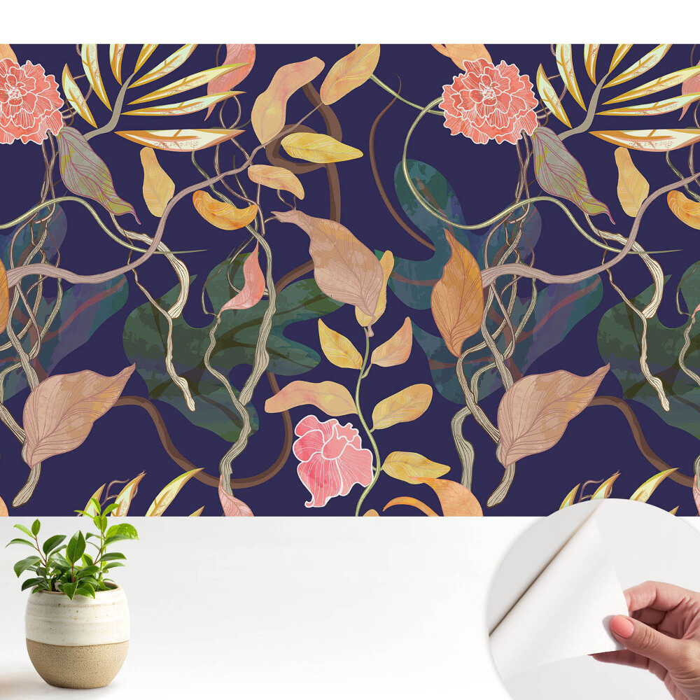 Modern tapéta Egzotikus növények sötétkék alapon