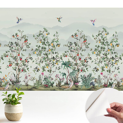 Dekor tapéta egzotikus tájjal és madarakkal