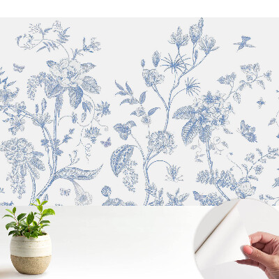 Tapéta finom kék virágokkal és madarakkal