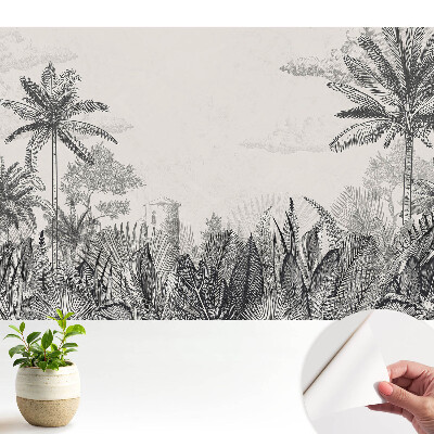 Modern tapéta egzotikus pálmafákkal és titokzatos épülettel