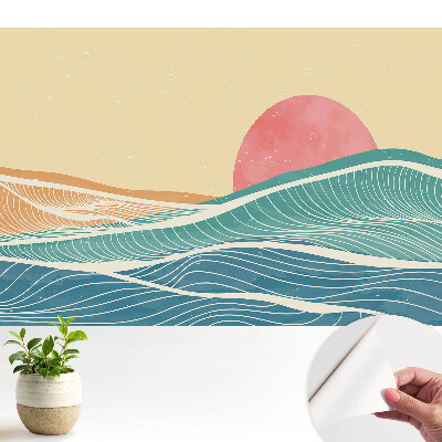 Öntapadós tapéta tengeri hullámok és rózsaszín nap absztrakció mintával