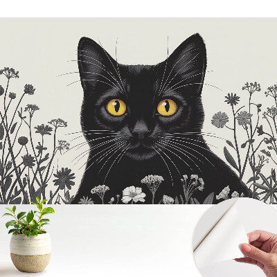 Öntapadó tapéta fekete macska sárga szemekkel virágos mintával