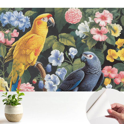 Tapéta színes trópusi madarakkal és virágokkal