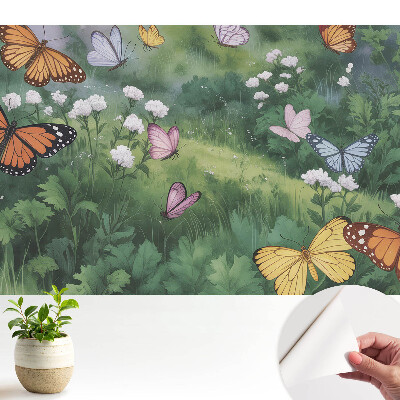 Öntapadó tapéta színes pillangókkal virágokkal teli réten