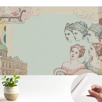 Öntapadó tapéta pasztell, történelmi kollázs mintával