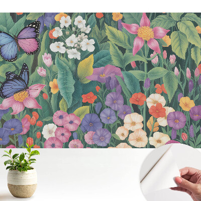 Dekor tapéta színes rét mintával, virágokkal és pillangókkal