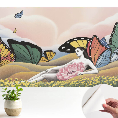 Öntapadós tapéta színes pillangókkal egy réten ábrázolva