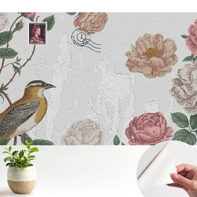 Modern tapéta Virágok és egy madár a falon a háttérben