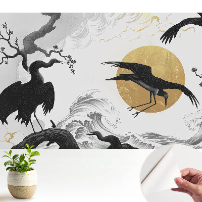 Tapéta minimalista madár- és hullámmotívummal, kör alakú díszítéssel