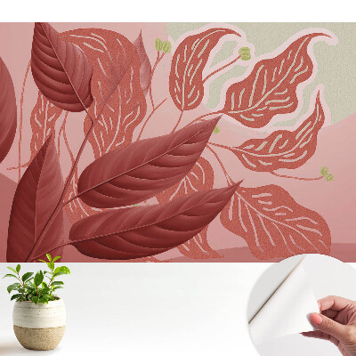 Modern tapéta Piros levelek rózsaszín alapon