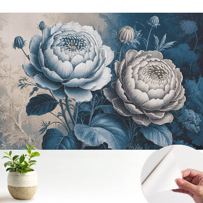 Modern tapéta virágmintával kék és szürke árnyalatokban