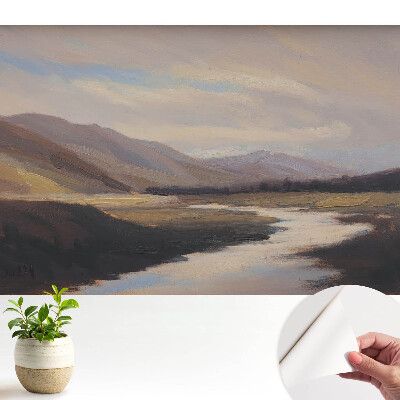 Dekor tapéta hegyláncokkal, völgyekkel, folyóval és felhőkkel