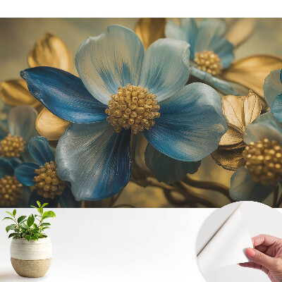 Dekor tapéta kék virágmintával sárga középpontokkal