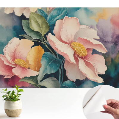 Öntapadós tapéta pasztell virágokkal és levelekkel akvarell stílusban