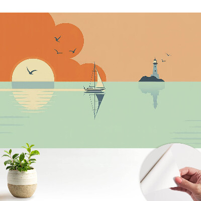 Öntapadós tapéta vitorláshajó- és világítótorony-motívummal napfelkelte háttérrel