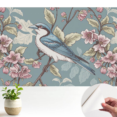 Öntapadós tapéta madarakkal és virágzó cseresznyefaágakkal