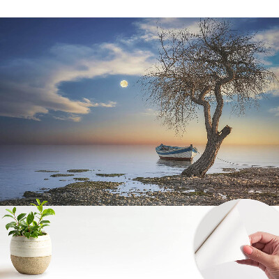 Öntapadós falmatrica romantikus naplementés hajó- és fájelenettel