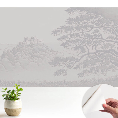 Öntapadós tapéta kastélyt ábrázoló tájképpel, fák között elhelyezkedő motívummal